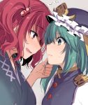  2girls asa_(coco) asymmetrical_hair blush drunk face-to-face hair_bobbles hair_ornament hand_on_another&#039;s_chin hat multiple_girls nose_blush onozuka_komachi parted_lips shiki_eiki smile sweat touhou twintails upper_body yuri 