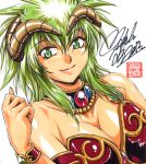  1girl armor artist_request bikini_armor breasts cleavage green_eyes green_hair horns kahm lowres outlanders shiny shiny_skin signature simple_background smile solo white_background 