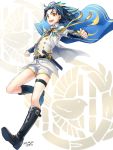  1boy :d blue_hair boots cape feathers full_body hair_feathers male_focus open_mouth personification shorts smile solo sword taikogane_sadamune tantou tassel thumbs_up touken_ranbu waistcoat weapon yamano_uzura yellow_eyes 