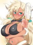  1girl almeida_(granblue_fantasy) aqua_eyes arm_up arm_warmers armpits bare_shoulders bikini bikini_top black_bikini blonde_hair breasts cleavage dark_skin detached_sleeves doraf granblue_fantasy horns huge_breasts long_hair looking_to_the_side mitsugi navel navel_piercing open_mouth piercing pointy_ears revealing_clothes sketch skindentation solo steam swimsuit upper_body very_long_hair 