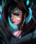  1girl bare_shoulders brown_hair chromatic_aberration ear_piercing eyebrows eyelashes eyeshadow facial_mark fang_out from_behind green_eyes jewelry kyung_han_kim league_of_legends lips long_hair looking_at_viewer looking_back makeup nidalee nose piercing ponytail portrait ringed_eyes solo tribal 