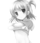  1girl absurdres blush eyepatch female greyscale highres lifted_by_self looking_at_viewer midriff monochrome one_side_up rinka_(yuyutei) shirt_lift short_sleeves simple_background solo tareme white_background 