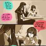  2girls alcohol cigarette color_coordination comic female formal glass jakuzure_nonon kill_la_kill kiryuuin_satsuki matoi_ryuuko multiple_girls multiple_monochrome out_of_frame pointing roman_imperial sepia smoking speech_bubble suit 