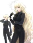  2girls adjusting_clothes adjusting_gloves ahoge alternate_costume black_gloves black_necktie black_pants black_shirt black_vest blonde_hair breasts cigarette collared_shirt commentary_request fate/grand_order fate/zero fate_(series) gloves highres jeanne_alter long_hair long_sleeves looking_at_viewer low_ponytail medium_breasts multiple_girls necktie nipi27 pants ruler_(fate/apocrypha) ruler_(fate/grand_order) saber saber_(cosplay) saber_alter shirt smile smoking tsurime very_long_hair white_background yellow_eyes 