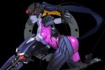  1girl ass blackseem blue_skin bodysuit boots breasts expressionless glowing gun head_mounted_display highres long_hair overwatch ponytail rifle skin_tight sniper_rifle solo weapon widowmaker_(overwatch) yellow_eyes 