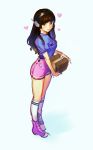  1girl box brown_eyes brown_hair d.va_(overwatch) eyebrows eyebrows_visible_through_hair fedex headphones heart highres k_(sktchblg) kneehighs long_hair looking_at_viewer overwatch shirt shoes short_shorts shorts solo whisker_markings white_legwear 