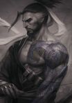  1boy beard biceps bow_(weapon) facial_hair gloves hanzo_(overwatch) high_ponytail highres holding holding_weapon japanese_clothes male_focus manly monochrome muscle nipples overwatch pectorals ponytail signature solo spot_color stanley_lau tattoo upper_body weapon 