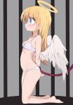  1girl angel angel_wings arms_behind_back blonde_hair blue_eyes blush bound bra breasts halo kneeling long_hair matuken1027 original panties prison rope small_breasts solo underwear wings 