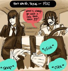  2girls car car_interior color_coordination driving female ground_vehicle kill_la_kill kiryuuin_satsuki lighter matoi_ryuuko motor_vehicle multiple_girls multiple_monochrome roman_imperial sepia speech_bubble 