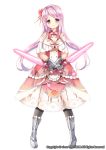  1girl black_legwear boots bow dress dual_wielding flower flower_knight_girl full_body gloves hair_flower hair_intakes hair_ornament kurot long_hair looking_at_viewer metal_boots official_art pantyhose pink_bow pink_hair red_eyes sangobana_(flower_knight_girl) smile solo standing sword weapon white_background 