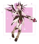  1girl absurdres alternate_costume breasts dark_persona demon_horns devil_mercy faulds full_body highres horns imp_mercy mechanical_wings mercy_(overwatch) overwatch purple_hair short_ponytail small_breasts solo staff viccik violet_eyes wings 