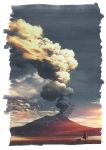  1girl beach clouds dog dress faux_traditional_media hat highres mountain original shirokuma_(17311319) sky smoke solo sun_hat sunset volcano 