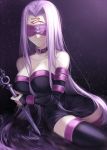  1girl bare_shoulders black_dress black_legwear blindfold breast_hold breasts cleavage collar collarbone detached_sleeves dress facial_mark fate/stay_night fate_(series) forehead_mark hair_intakes large_breasts long_hair looking_at_viewer nail purple_hair rider short_dress smile solo strapless strapless_dress thigh-highs very_long_hair wowishi 
