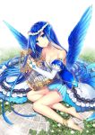  1girl anklet bare_shoulders barefoot bird_wings birdcage blue_eyes blue_hair breasts cage cleavage collarbone detached_sleeves head_wings head_wreath jewelry long_hair original personification puffy_sleeves revision sakuyosi smile solo winged_hair_ornament wings 