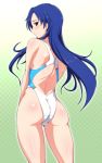  1girl ass blue_hair blush brown_eyes closed_mouth competition_swimsuit from_behind gluteal_fold highleg highleg_swimsuit idolmaster kisaragi_chihaya long_hair looking_back one-piece_swimsuit solo standing swimsuit tetuo_kun 
