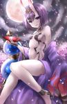  1girl absurdres anklet bare_shoulders barefoot blush breasts eyebrows eyebrows_visible_through_hair fate/grand_order fate_(series) full_moon gourd head_tilt highres horns japanese_clothes jewelry kimono moon navel oni_horns outdoors parted_lips petals purple_hair sakazuki shiodome_oji short_hair shuten_douji_(fate/grand_order) sitting small_breasts solo thick_eyebrows violet_eyes 
