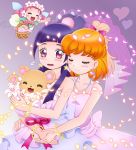  2girls :d asahina_mirai blonde_hair blush bouquet bow dress fairy flower ha-chan_(mahou_girls_precure!) hair_bow heart hug hug_from_behind izayoi_liko jewelry long_hair mahou_girls_precure! mofurun_(mahou_girls_precure!) multiple_girls necklace open_mouth pink_hair ponytail precure purple_hair simple_background smile variangel veil violet_eyes wedding_dress wife_and_wife yuri 