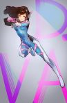  1girl armor bangs bodysuit boots breasts brown_eyes brown_hair character_name covered_navel d.va_(overwatch) facepaint facial_mark gloves gun handgun headphones high_collar highres holding holding_gun holding_weapon k_(sktchblg) long_hair overwatch pilot_suit shoulder_pads solo swept_bangs thigh-highs thigh_boots turtleneck weapon whisker_markings white_boots white_gloves 