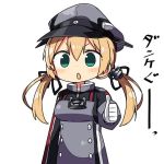  0_0 1girl black_ribbon blonde_hair breasts buttons eyebrows eyebrows_visible_through_hair gloves green_eyes hat kanikama kantai_collection long_hair looking_at_viewer lowres military military_hat military_uniform peaked_cap prinz_eugen_(kantai_collection) ribbon simple_background solo twintails uniform white_background white_gloves 