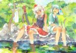  2girls adapted_costume alternate_costume animal_ears backpack bag bare_arms belt blue_eyes blue_hair cattail cucumber eye_contact hat inubashiri_momiji katana kawashiro_nitori landscape looking_at_another mouth_hold multiple_girls nature open_mouth partially_submerged plant pororikin red_eyes short_hair short_sleeves shorts sitting skirt sleeveless smile string sweat sword tail tank_top tokin_hat touhou towel traditional_media tress twintails water watercolor_(medium) weapon wolf_ears wolf_tail 