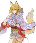  1girl animal_ears ball bangs blonde_hair blue_hair fingerless_gloves fire_emblem fire_emblem_if fox_ears fox_tail fur_trim gloves highres jyuv kinu_(fire_emblem_if) multicolored_hair shaded_face simple_background tail two-tone_hair white_background yellow_eyes 