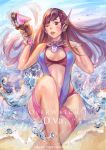  1girl ;p absurdres adapted_costume breasts brown_eyes brown_hair center_opening d.va_(overwatch) facial_mark gun handgun headphones highres long_hair ocean one_eye_closed overwatch pistol pt. sitting solo swimsuit tongue tongue_out weapon wet 