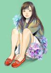  1girl absurdres arms_between_legs bangs brown_eyes brown_hair eyebrows facial_mark flower full_body green_background highres junjunforever lips long_hair looking_at_viewer mole mouth nose original red_shoes shoes shorts simple_background sitting smile solo white_shorts 