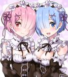  2girls :d bangs black_ribbon blue_eyes blue_hair blush breasts cleavage closed_mouth detached_collar detached_sleeves hair_ornament head_tilt maid maid_headdress multiple_girls open_mouth pink_eyes pink_hair ram_(re:zero) re:zero_kara_hajimeru_isekai_seikatsu rem_(re:zero) ribbon ribbon-trimmed_collar ribbon-trimmed_sleeves ribbon_trim short_hair siblings sisters small_breasts smile twins upper_body x_hair_ornament yyo 