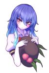  1girl blue_hair blush food fruit hair_between_eyes hat hat_removed headwear_removed hinanawi_tenshi leaf long_hair looking_at_viewer miata_(miata8674) miata_(pixiv) pale_skin peach red_eyes short_sleeves simple_background solo touhou upper_body white_background 