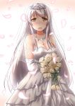  1girl :d alternate_costume blush bouquet breasts bridal_veil brown_eyes cleavage collarbone dress elbow_gloves flower gloves jewelry kantai_collection looking_at_viewer necklace open_mouth petals rose shoukaku_(kantai_collection) silver_hair smile solo tiara veil wedding_dress white_gloves yukimi_unagi 