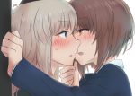  14sai_bishoujo_(shoutarou) 2girls :d :o against_wall blue_eyes blush brown_eyes brown_hair chin_grab chin_hold eye_contact female girls_und_panzer grey_eyes grey_hair gygpc956 highres incipient_kiss itsumi_erika long_hair long_sleeves looking_at_another multiple_girls nishizumi_miho open_mouth school_uniform short_hair silver_hair smile sweatdrop upper_body yuri 