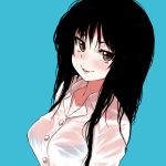  1girl alphy black_hair blue_background blue_bra bra brown_eyes buttons collarbone collared_shirt eyelashes fon_(alphy) long_hair looking_at_viewer original parted_lips pink_lips see-through shirt simple_background smile solo underwear upper_body wet wet_clothes wet_hair wet_shirt wing_collar 