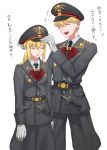  &gt;:d 1boy 1girl :d ^_^ alternate_costume belt black_necktie blonde_hair closed_eyes fang fate/extella fate/extra fate_(series) gilgamesh gloves hat highres knife laughing long_sleeves military military_hat military_uniform musical_note necktie nipi27 open_mouth peaked_cap saber sheath sheathed smile translation_request uniform white_background white_gloves 