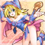  1girl bare_shoulders blonde_hair blue_boots blush blush_stickers boots breasts choker cleavage dark_magician_girl duel_monster green_eyes hat highres kurenaitaro large_breasts long_hair open_mouth pentacle smile solo staff wizard_hat yu-gi-oh! yuu-gi-ou_duel_monsters 