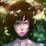  1girl artist_name bare_shoulders black_hair choker chromatic_aberration closed_mouth expressionless green_eyes guweiz lips looking_at_viewer mouth nose original portrait short_hair solo upper_body watermark web_address 