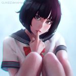  1girl artist_name bangs black_hair blonde_hair blue_background chromatic_aberration finger_in_mouth finger_sucking finger_to_mouth grey_eyes guweiz head_tilt knees_together lips looking_at_viewer mouth nose original realistic red_ribbon ribbon sailor_collar school_uniform serafuku sexually_suggestive short_hair short_sleeves solo text upper_body watermark web_address white_background 