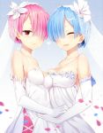  2girls ^_^ bare_shoulders blue_hair blush breasts bridal_veil cleavage closed_eyes collarbone dress earrings elbow_gloves gloves hair_over_one_eye highres jewelry looking_at_viewer medium_breasts multiple_girls necklace open_mouth petals pink_hair pointy_ears ram_(re:zero) re:zero_kara_hajimeru_isekai_seikatsu red_eyes rem_(re:zero) ring_(1079882045) short_hair siblings sisters smile twins veil wedding_dress white_gloves 