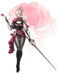  1girl black_legwear black_pants blonde_hair breasts brown_eyes capelet cleavage_cutout flower full_body hair_over_one_eye high_ponytail holding holding_flower holding_sword holding_weapon kyung_han_kim lips looking_at_another nose original pants rapier red_rose rose simple_background single_spaulder solo sword taut_clothes thigh_gap weapon white_background 