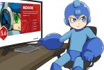  1boy blue_eyes computer green_eyes mighty_no._9 robot rockman rockman_(character) simple_background sitting white_background 