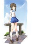  1girl alternate_costume ame. black_hair blush brown_eyes casual fubuki_(kantai_collection) full_body highres kantai_collection loafers long_hair looking_at_viewer low_ponytail md5_mismatch shoes short_ponytail sky solo 