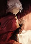  1boy closed_eyes closed_mouth dark_skin dark_skinned_male earrings fate/grand_order fate_(series) hands_clasped jewelry kotomine_shirou light_particles long_sleeves necklace praying profile red_cape short_hair solo spiky_hair sunlight white_hair wowishi 