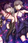  2girls artoria_pendragon_(all) bare_shoulders black_gloves blonde_hair bow breasts collarbone dress elbow_gloves eu03 fate/apocrypha fate/grand_order fate_(series) gloves grey_hair jeanne_alter long_hair lying medium_breasts multiple_girls on_back petals purple_dress purple_gloves purple_legwear ruler_(fate/apocrypha) saber short_hair small_breasts strapless strapless_dress thigh-highs yellow_eyes 