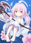  barefoot demon_girl duel_monster ghost_reaper_&amp;_winter_cherries highres holding holding_weapon japanese_clothes kimono long_hair looking_at_viewer red_eyes sash scythe senhappyaku torn_clothes twintails weapon yu-gi-oh! 
