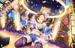  1girl ;d artist_request bare_shoulders belt blue_gloves boots breasts brown_eyes brown_hair choker cleavage confetti crop_top denim denim_shorts earrings fingerless_gloves fireworks gloves hairband headset idolmaster idolmaster_cinderella_girls idolmaster_cinderella_girls_starlight_stage jewelry midriff mizuki_seira navel official_art one_eye_closed open_mouth outstretched_arms short_hair shorts smile solo thigh-highs thigh_boots 