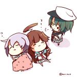  3girls ahoge artist_name blanket brown_hair cape chibi closed_eyes commentary_request crossed_arms eyepatch from_above green_hair hat kantai_collection kiso_(kantai_collection) kuma_(kantai_collection) long_hair lowres lying multiple_girls neckerchief nor_nao on_back paw_print purple_hair remodel_(kantai_collection) school_uniform serafuku short_hair short_sleeves shorts skirt sleeping smile standing tama_(kantai_collection) zzz 