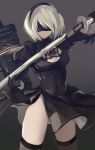  1girl android blindfold cleavage_cutout covered_navel katana mole mole_under_mouth nakaichi_(ridil) nier_automata solo sword thigh-highs weapon white_hair yorha_unit_no._2_type_b 
