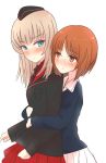  14sai_bishoujo_(shoutarou) blue_eyes blush brown_eyes brown_hair girls_und_panzer gygpc956 hat hug hug_from_behind itsumi_erika nishizumi_miho skirt uniform white_background yuri 