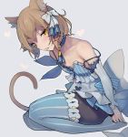  1boy animal_ears bare_shoulders blue_legwear blush brown_hair cat_ears cat_tail choker crossdressinging detached_sleeves felix_argyle male_focus re:zero_kara_hajimeru_isekai_seikatsu short_hair sitting solo strap_slip striped striped_legwear tail thigh-highs tongue tongue_out trap vertical-striped_legwear vertical_stripes walzrj yellow_eyes 