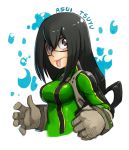  1girl :p asui_tsuyu black_hair bodysuit boku_no_hero_academia breasts brown_eyes character_name commentary frog_girl gloves hair_between_eyes long_hair low-tied_long_hair monster_girl solo tied_hair tongue tongue_out upper_body whistle_frog 