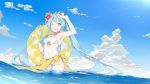  1girl armpits bikini blue_eyes blue_hair breasts cleavage fhang flower front-tie_bikini front-tie_top groin hair_flower hair_ornament hatsune_miku highres long_hair navel ocean one_eye_closed open_mouth original outdoors partially_submerged red_flower see-through sky small_breasts solo swimsuit twintails vocaloid wading wallpaper water white_bikini 
